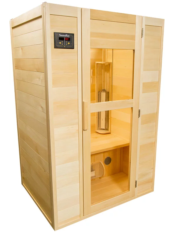 A photo of a 2 person infrared sauna. handcrafted by SaunaRay