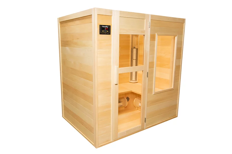 A picture of a 4 person infrared sauna from the left side with it's front door closed. Hadcrafted by SaunaRay, and made from Canadian Basswood.