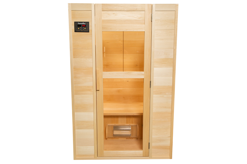 A picture of a SaunaRay 2 person infrared sauna with it's front door closed
