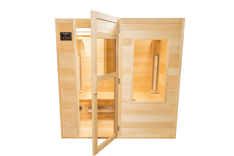 A picture of a SaunaRay 4 person infrared sauna with it's door open
